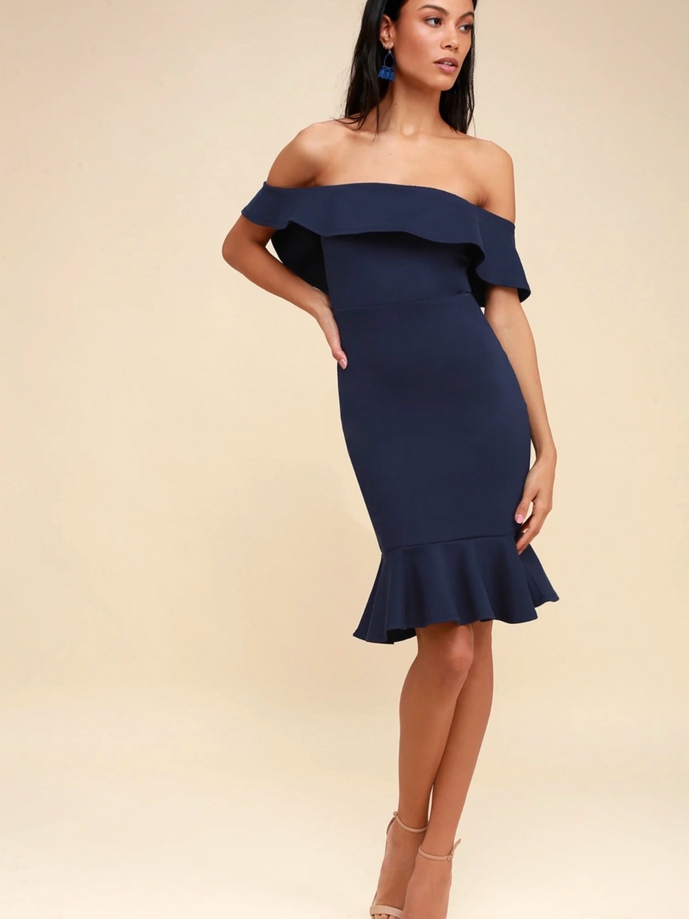 Lulus Confidence Boost Navy Blue Off-the-Shoulder Ruffle Mini Dress Size L
